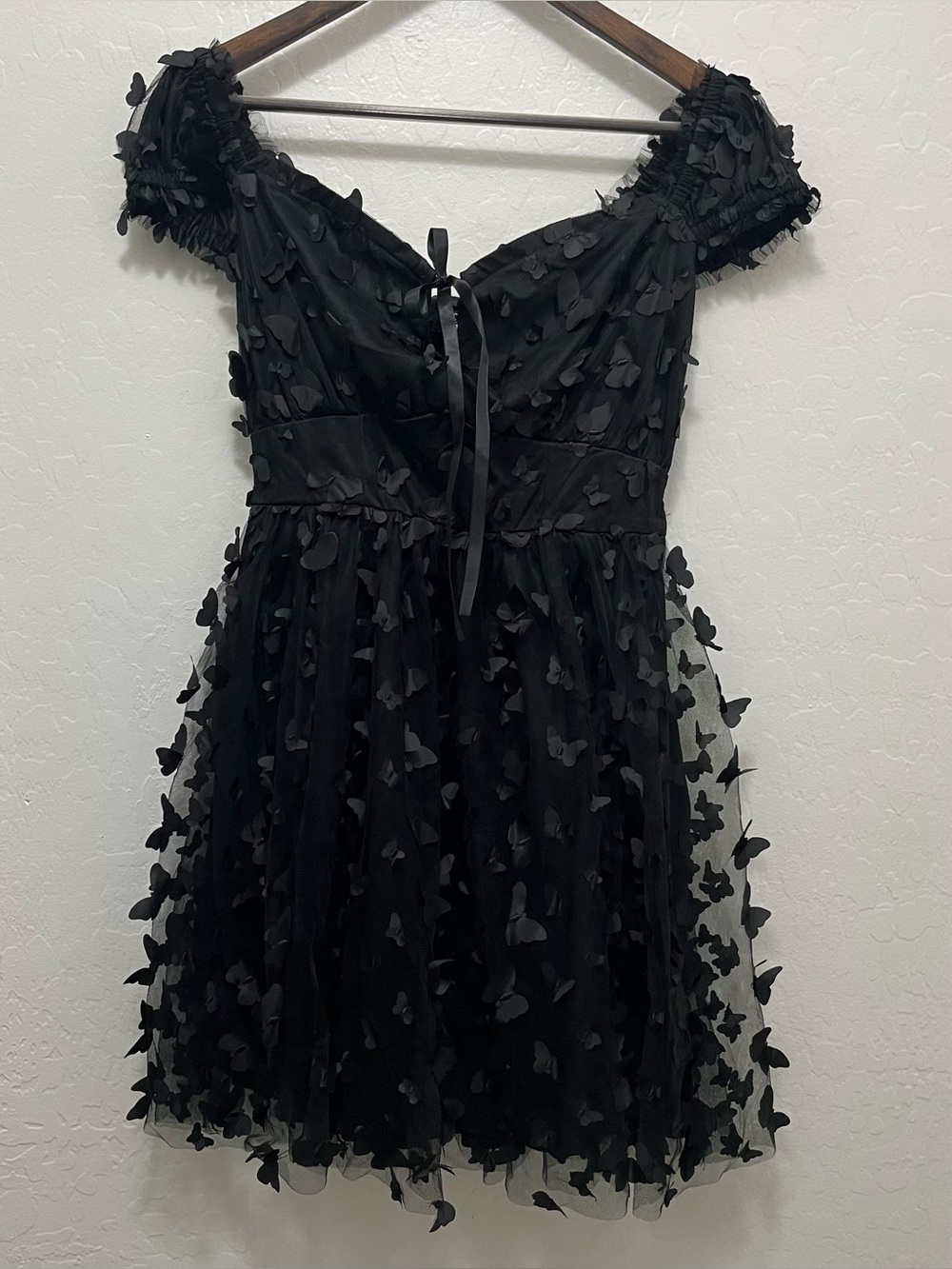 Gothic Whimsical Black Tulle 3D Butterfly Flared Babydoll Mini Dress Sz S